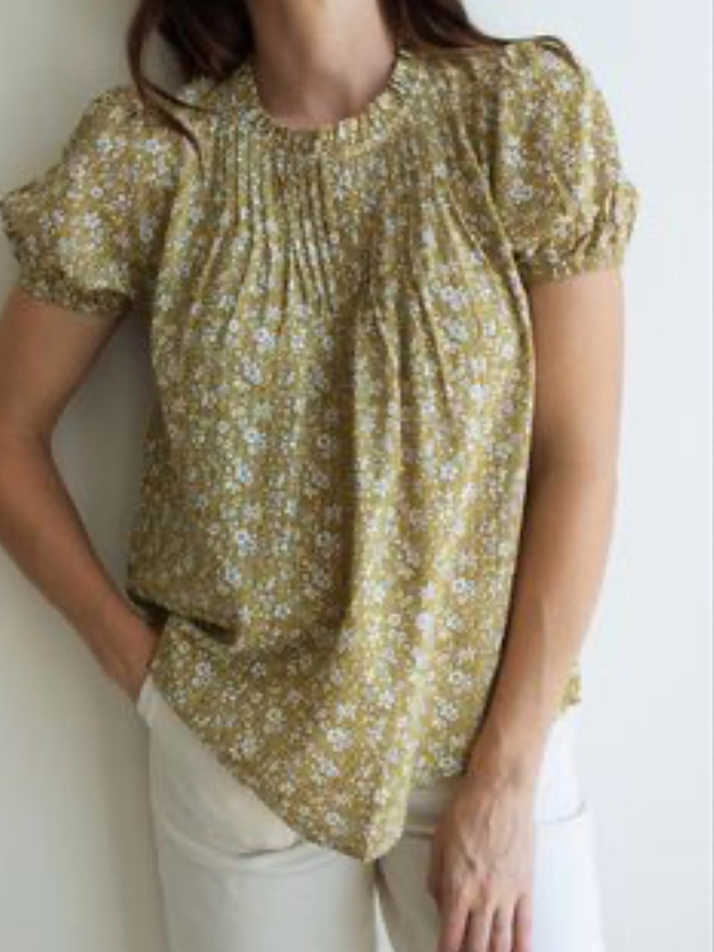 Carly Jean Los Angeles Mustard Floral Ruffle-Neck Top